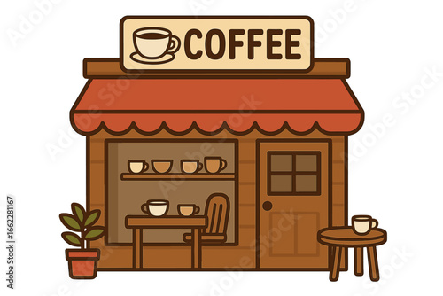 Vector cartoon illustration of an asian cuisine kiosk with a bowl of hot soup and a coffee shop having a paper cup and sugar sticks near the window, isolated on white background with a set of street