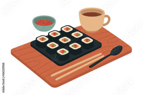 Japanese food in the form of rolls with salmon, isolated over a white background with chopsticks, gravy boats, and wasabis