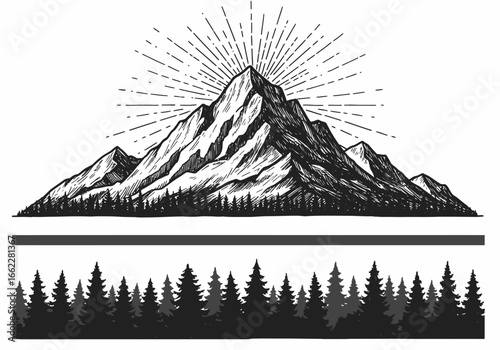  Majestic Mountain Peak Crowned with a Radiant Sunburst Above a Dense Evergreen Forest below with a Separator Line and Silhouetted Pine Trees