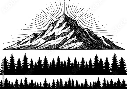 Majestic Mountain Peaks Illuminated by a Radiant Sunburst Over a Dense Forest Landscape