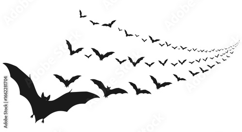 A Dramatic Swarm of Silhouetted Bats Takes Flight in a Majestic Curve Across a White Background