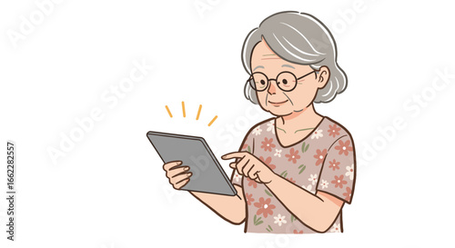 Elderly Woman Smiling While Using Tablet Computer for Online Communication Isolated on Transparent Background