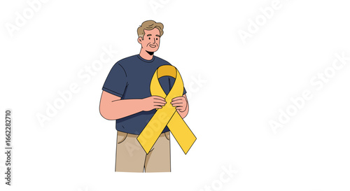 Smiling Man Holding Yellow Awareness Ribbon Symbolizing Hope and Support isolated on transparent background