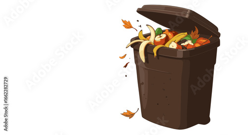 Brown Compost Bin Overflowing with Kitchen Scraps and Autumn Leaves Isolated on Transparent Background