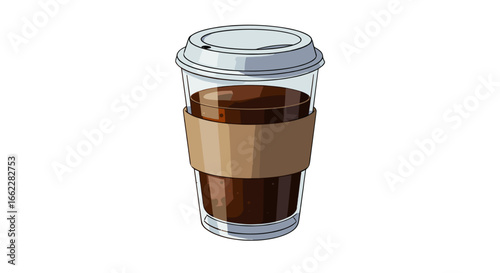 Refreshing Iced Coffee Drink in a Clear Plastic Cup with Protective Sleeve isolated on transparent background