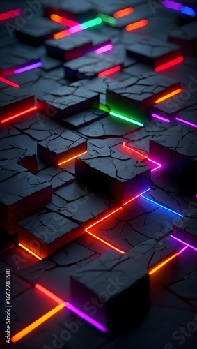 Neon illuminated cubes create a modern abstract