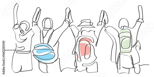 hand drawn line art vector of a group of middle aged people hiking. Travel buddies. Hospice care