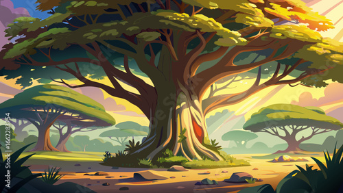 Majestic ancient tree with sunlit canopy glowing softly, branches stretching gracefully, gentle light weaving through leaves, timeless presence radiating strength, serene atmosphere unfolding, realist