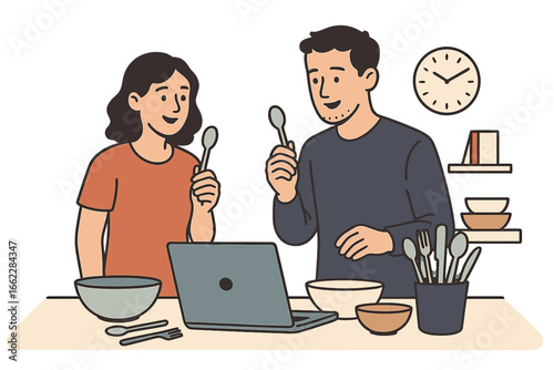 Both youngsters and adults utilize laptops or tablets to prepare meals at home, engaging in culinary activities that serve as a hobby or a means of acquiring cooking skills