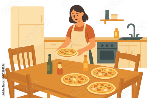 Arab woman wearing national hijab serves dinner on the kitchen table at home