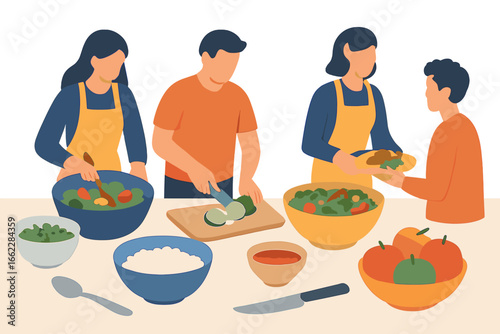 A flat-style collection of kitchenware isolated on white, depicting male and female characters cooking, baking, and kneading dough at home during quarantine