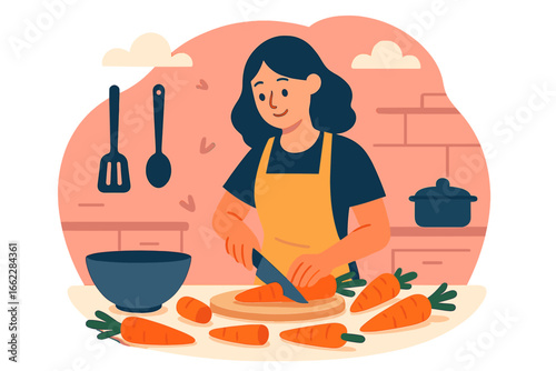 Cartoon flat vector illustration of a happy girl cooking in her kitchen at home, preparing healthy food for a romantic dinner date, featured on a website landing page
