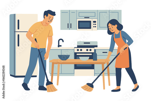 A happy family spends their weekend at home in a modern interior, where a young woman and daughter cook in the kitchen while the father and son clean the flat, as depicted in a vector flat