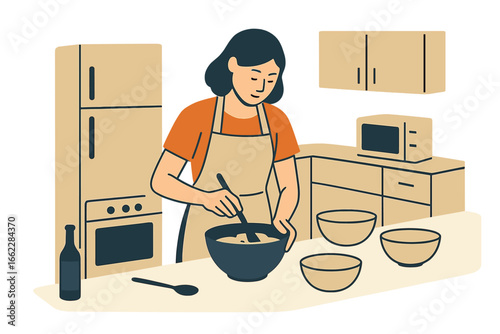 A young woman prepares soup in her kitchen, depicted in a flat vector illustration representing the concept of homemade food