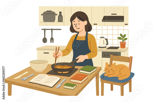 A cheerful young woman is preparing a salad by chopping vegetables in her home kitchen