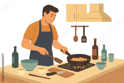 A bearded male chef is cooking in his kitchen at home