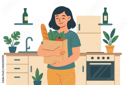 A woman stands in her modern kitchen at home, holding a grocery bag