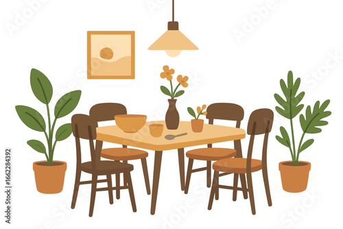 Equip your domestic kitchen with stylish furniture for a cosy and inviting feel, with kitchen interior vector illustration, stylish kitchenware, and decoration that enhance the culinary experience at