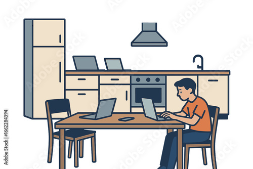 A man stays at home and cooks for an online course, illustrating the flat design concept of making real-time video