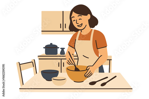 A cute housewife wearing an apron is shown cooking and cutting vegetables in her kitchen as she prepares a meal in her spare time, depicted as a vector illustration on a white background