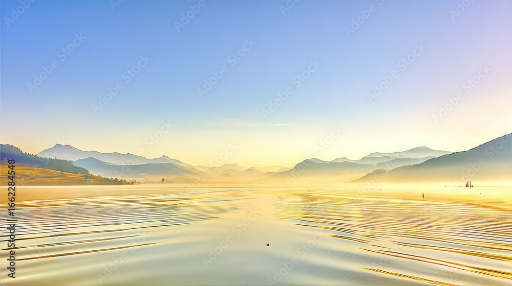 Fototapeta premium A serene lake scene bathed in soft, golden sunlight, with tranquil water reflecting the hazy mountain range.
