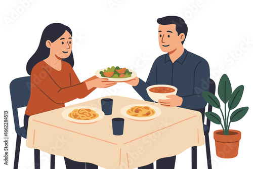 Vector flat cartoon illustration of happy couple on a date, enjoying homemade salad and romantic dinner at home, symbolizing food made with love and cooking together