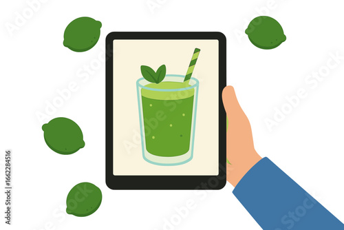 Find a refreshing summer drink recipe on the internet, with a tablet, mobile app, and ingredients to make a mojito at home, depicted in a vector illustration of flat line art, including a banner, set