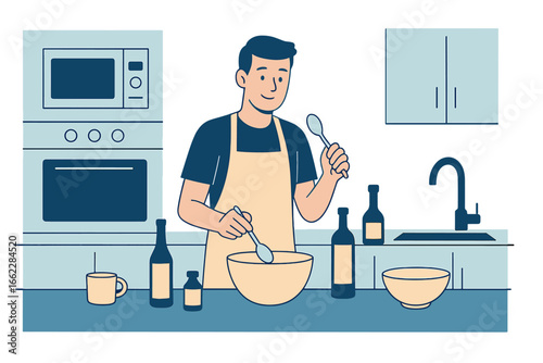 Man wearing an apron in the kitchen prepares a romantic anniversary dinner at home