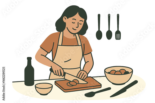 Female character preparing food at home, woman cooking tasty dishes, homemade meal preparation in a flat vector illustration of a woman cooking