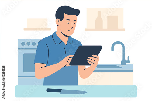 A man follows an online cooking class as he prepares a meal in the comfort of his own home in the digital age