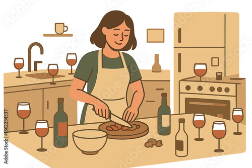 Vector illustration of a beautiful woman in elegant clothes preparing a festive dinner in her kitchen, bringing joy to people as they cook at home, depicted in a bright poster with a cartoon flat