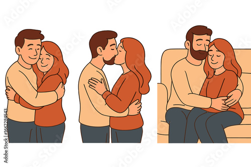 Illustrations of cartoon characters embracing, cooking, and resting in a bedroom, set against a white background, depicting a loving LGBT couple enjoying quality time together in perfect harmony
