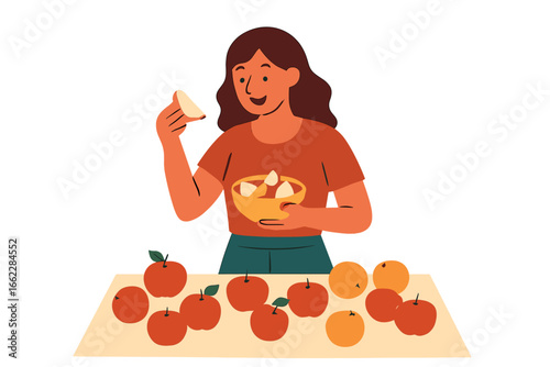 A woman cooking and setting the table, depicted as the Happy Housewife, a grandmother, in minimalistic style, isolated on a white background