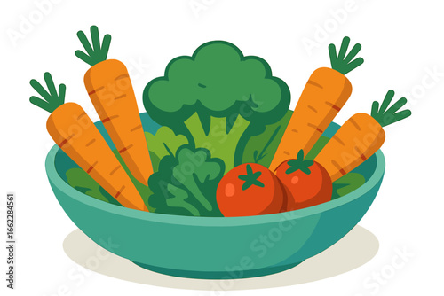 Preparing healthy vegetarian food, a large bowl contains a fresh vegetable salad with tomatoes, carrots, lettuce, cucumbers, and peppers, illustrated in a flat vector style