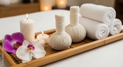 A serene spa setting, featuring fragrant candles,  luxurious towels, and aromatic herbal massage balls, arranged on a natural bamboo tray, creating a calming and peaceful atmosphere.
