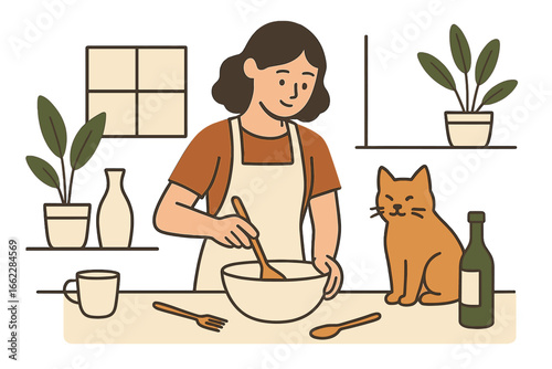 Cartoon woman confectioner holding electric mixer with whisk to make cream or dough for pancakes or baking cake background, girl cooking at home kitchen, cat sitting on table vector illustration