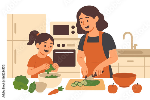 A family is preparing a healthy meal together in their kitchen, with the mother and daughter working together to cook