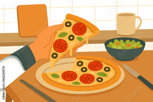 A vector illustration in flat style depicts a top view of hands cooking pizza with ingredients including tomato, onion, pepper, cheese, herbs, and mushrooms on the table, representing the concept of