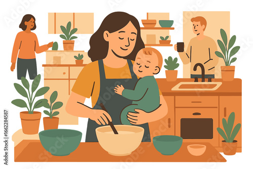 Illustration of a woman baking a pie in her home kitchen, representing a home cooking concept for a vector website design template and landing page