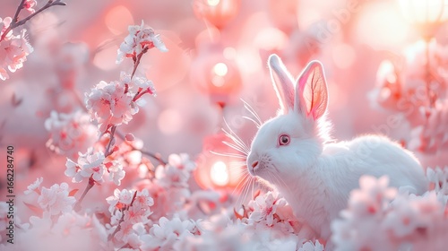 A small, white rabbit sits amidst a profusion of delicate, pastel pink cherry blossoms, bathed in soft, warm light.