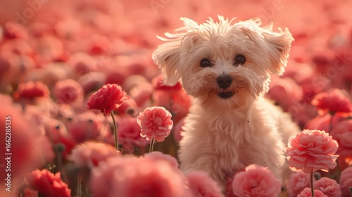 A delighted small white dog frolics amidst a field of vibrant pink flowers, bathed in a warm, golden light.
