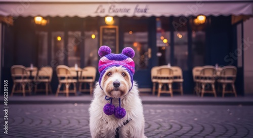 Charming white dog in a vibrant purple hat sits outdoors in front of a cozy cafe.