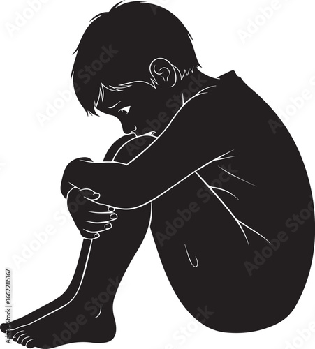 Sad boy sitting and hugging his knees
