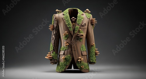 A meticulously crafted wooden suit, adorned with intricate moss and mushrooms, exudes a serene and natural ambiance.