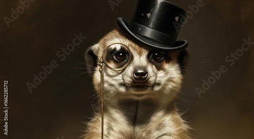 A sophisticated meerkat dons a top hat and monocle, exuding a timeless elegance in a rich, dark backdrop.
