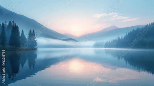 A tranquil lake scene at dawn, showcasing misty mountains and pine forests reflected serenely in the still water.