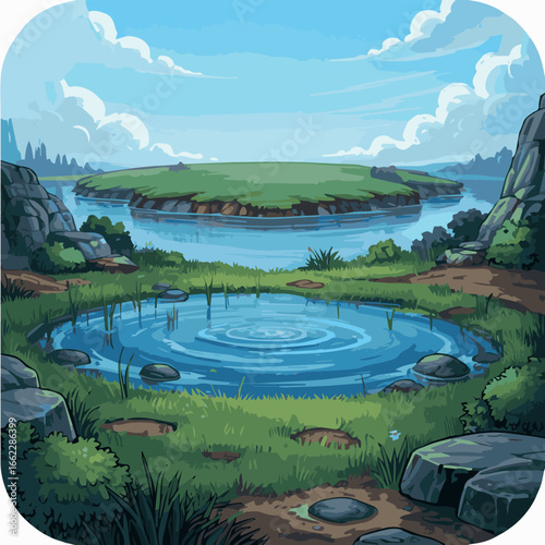 Vector pixel art landscape of tranquil lake island scene with ripples and nature background beautiful scenery view
