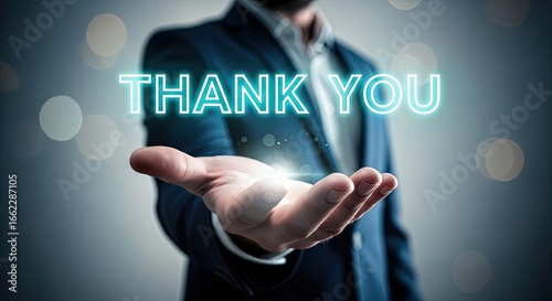 Glowing thank you message held in open palm text blue