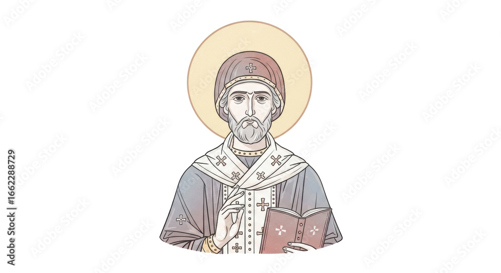 Fototapeta premium Illustration of a saint holding a book with a halo around his head on a black background image