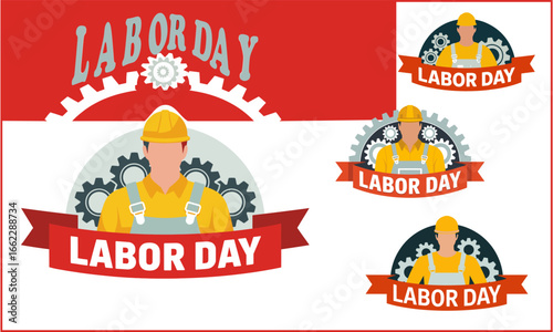 Labor day themed graphics with construction workers and gears in red white and gray colors scheme